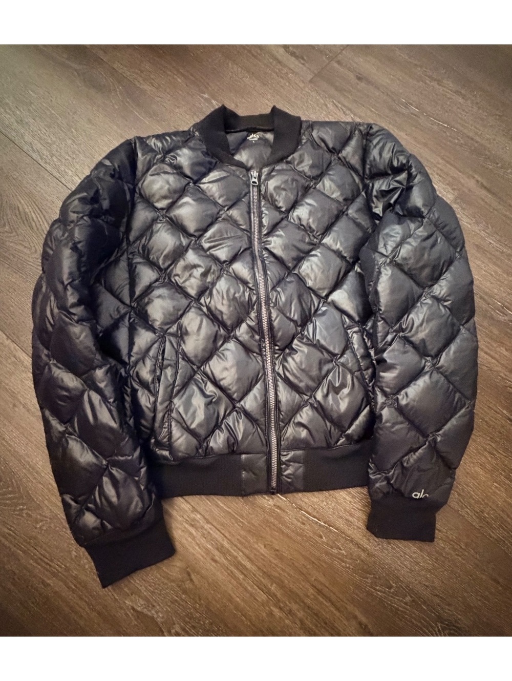 Alo Yoga Black Down Puffer Bomber Jacket Quilted Rib Knit Women’s Large